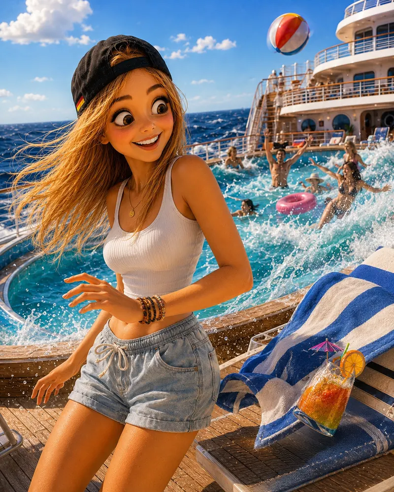 Bea am Pooldeck, eine große Welle schwappt ins Becken