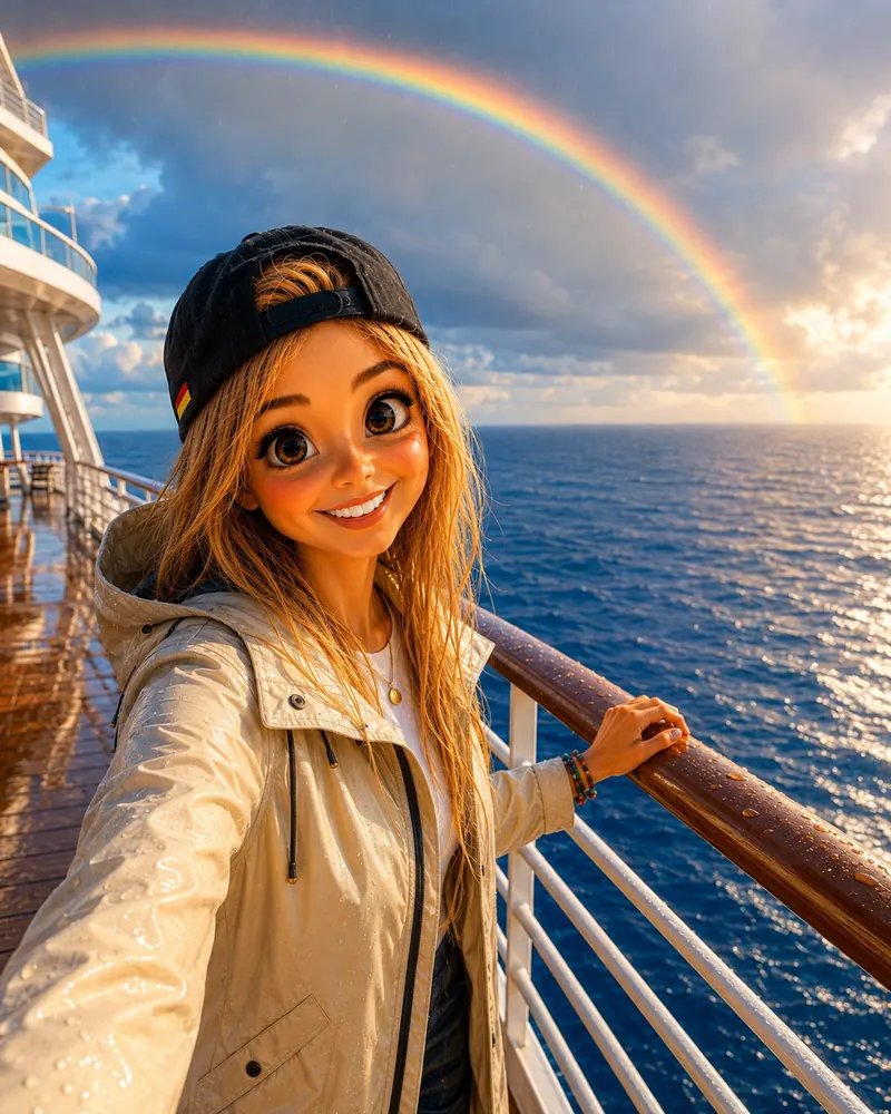 Bea an der Reling unter einem Regenbogen über dem Meer