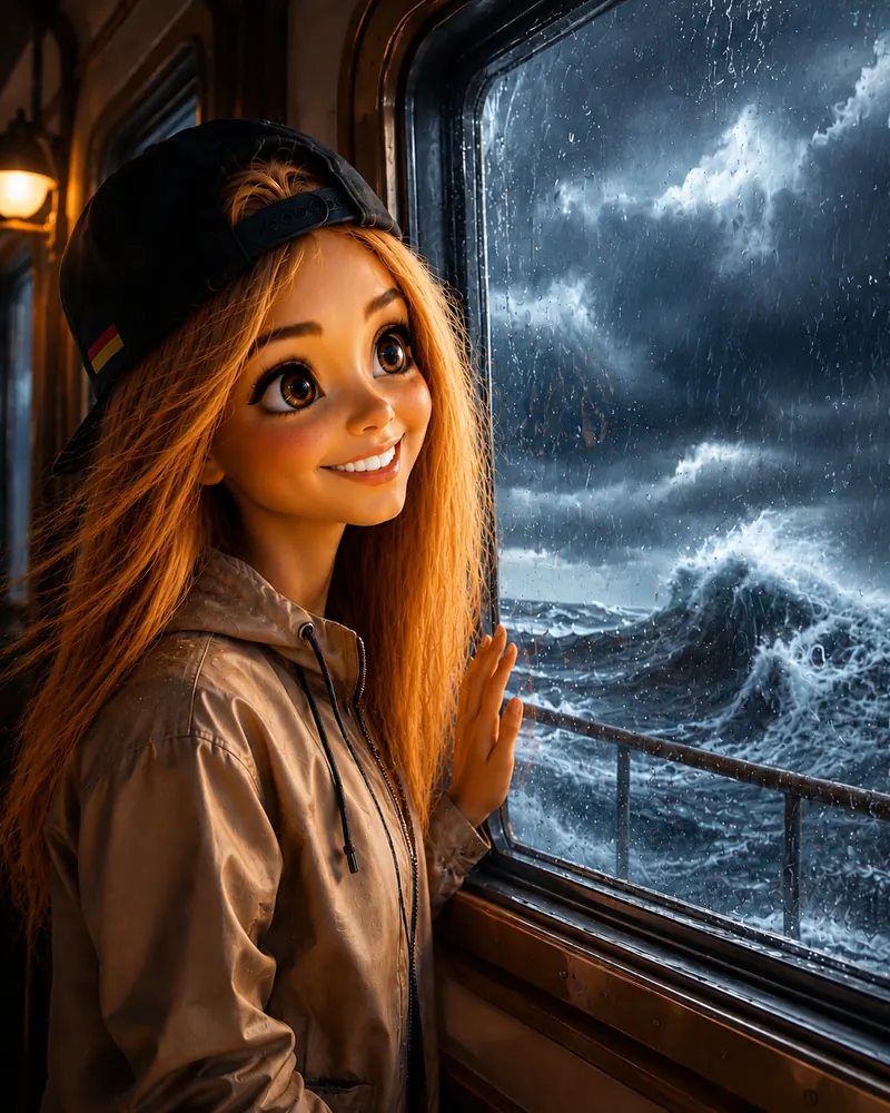 Bea schaut aus dem Kabinenfenster auf das stürmische Meer