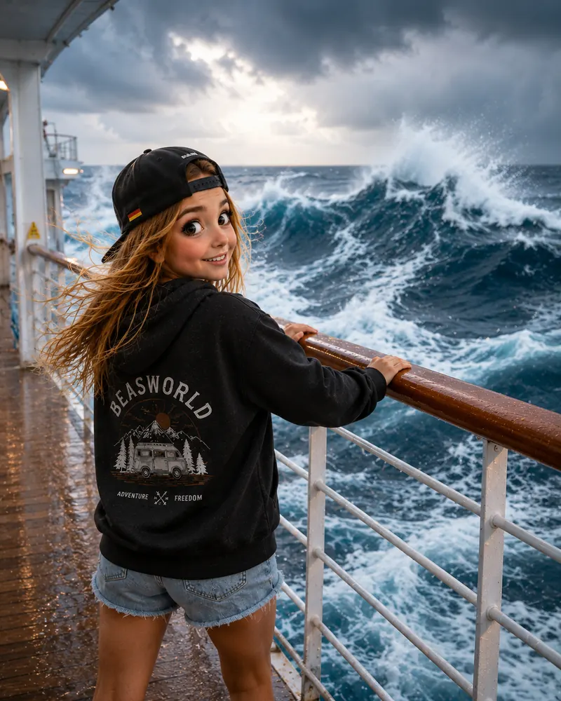 Bea an der Reling bei hohen Wellen auf der Seereise