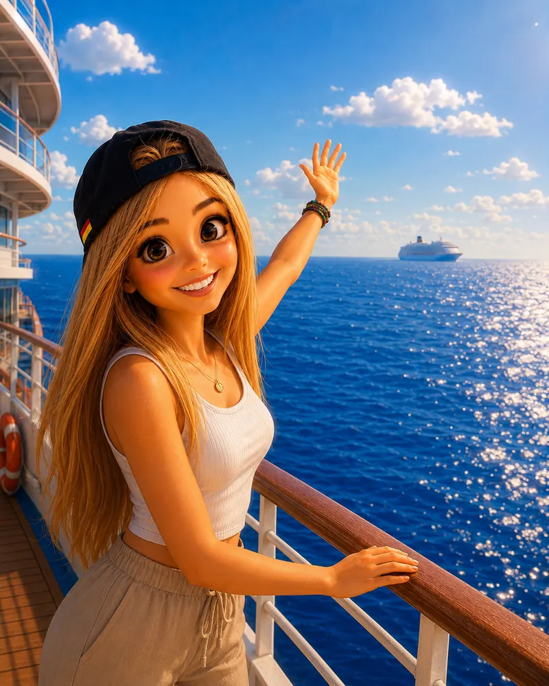 Bea winkt an Deck einem anderen Schiff zu
